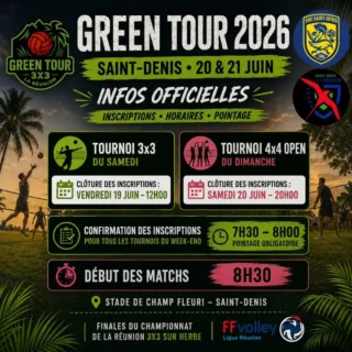 Lien d'inscription pour le 3x3 du samedi :
https://www.helloasso.com/associations/saint-denis-olympique-volley-ball-reunion/evenements/green-tour-2026-sdovbLien d'inscription pour le 4x4 du dimanche :
https://www.helloasso.com/associations/saint-denis-olympique-volley-ball-reunion/evenements/4x4-mixte-collab-sdovb-vbc-saint-denis