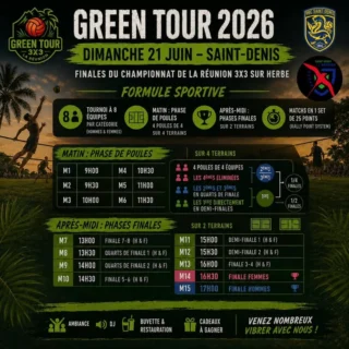 Les finales du Green Tour 2026, c'est dimanche à Saint-Denis.
Après plusieurs étapes disputées aux quatre coins de l'île, les meilleures équipes de la saison se retrouvent pour une dernière journée de compétition.
Le matin, place aux matchs de poules.
L'après-midi, les phases finales s'enchaîneront jusqu'aux deux affiches attendues :
Finale féminine – 16h30
Finale masculine – 17h00
📍 Champ Fleuri – Saint-DenisPour les non qualifiés vous pourrez vous inscrire jusqu'à samedi soir 20h à l'Open 4x4 du VBC sur ce même stade.