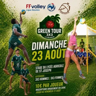 CETTE SAISON, IL FAUDRA ÊTRE RÉGULIER.Nouveau format pour la course au titre du Green Tour 3x3.La saison dernière, atteindre une finale d'étape permettait de décrocher son billet pour les Finales.Cette année, changement de règle : seules les 8 meilleures triplettes de la saison auront le droit de jouer le titre le 13 juin.Pour établir le classement, les 3 meilleurs résultats de chaque équipe sur l'ensemble de la saison seront retenus.Autrement dit : pas besoin d'être présent partout, mais il faudra performer sur plusieurs étapes pour faire partie du Top 8.Et la course aux points commence ce dimanche 23 août à Saint-Joseph.Inscriptions jusqu'au vendredi 21 août, uniquement en ligne.Premier tournoi. Premiers points. La saison commence maintenant.https://www.helloasso.com/associations/ligue-reunionnaise-de-volley-ball/evenements/green-tour-3x3?utm_source=app_ha&utm_campaign=share_campaign_button&utm_medium=android