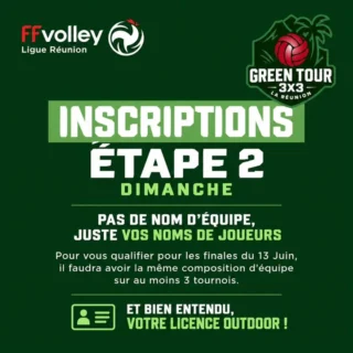 🏐 GREEN TOUR 3x3 — ÉTAPE 2
Pour les inscriptions de dimanche : pas de nom d’équipe, indiquez simplement les noms des joueurs.
Objectif Finales du 13 juin ? 🏆
Pensez-y dès maintenant : même composition d’équipe sur au moins 3 étapes… et votre licence Outdoor !
À dimanche 🌿