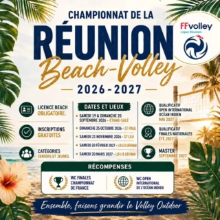 C'est parti pour le Championnat de La Réunion de Beach-Volley 2026-2027 !
Première étape dès demain à l'Étang-Salé. Une saison en 5 étapes avec, au bout, des places à décrocher pour les finales du Championnat de France et l'Open International de l'Océan Indien.
Petit enjeu supplémentaire, exclusivement honorifique : à la suite de l'annulation du championnat de la saison dernière, des trophées seront remis aux vainqueurs du week-end.
Rendez-vous sur le sable !