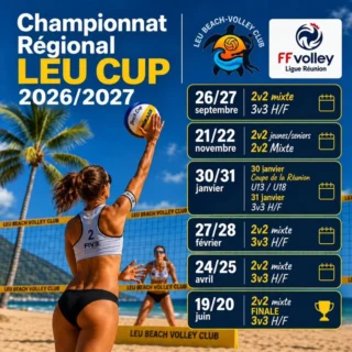 LA LEU CUP REJOINT LE CIRCUIT RÉGIONAL !
Le Leu Beach Volley Club s’associe à la Ligue cette saison, pour le plus grand plaisir des beachers ayant souscrit une licence Outdoor !
Deux formats emblématiques de la Leu Cup intègrent le circuit cette saison : le 2x2 mixte et le 3x3 sur sable.
Ces deux formats viennent compléter une offre beach déjà particulièrement variée sur l’île.
Et les recettes qui font le succès de la Leu Cup restent les mêmes : ambiance conviviale, site cocooning sur le front de mer de Saint-Leu et cash prize généreux.
Bonne nouvelle pour les licenciés Outdoor : chaque tournoi vous coûtera désormais 5 € au lieu de 10 €.
Une raison de plus pour franchir le pas et profiter pleinement de la saison beach ! Ca débute ce week-end...
