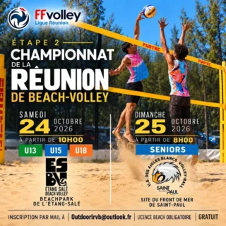 Ce weekend c'est l'étape 2 du championnat de la Reunion.Samedi 10h rdv au Beachpark de l'Etang-Salé pour les U13 (mixité autorisée), les U15 (surclassement obligatoire) et les U18.Dimanche 8h rdv au site du Front de Mer de Saint Paul pour les seniors.Clôture des inscriptions demain soir (ou avant si le tableau est complet).Le tournoi est gratuit mais la licence outdoor est obligatoire.
⚠️ Les places sont limitées chez les Seniors